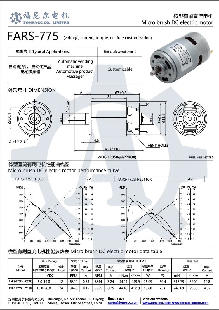RS775 High speed high torque 12V 24v micro DC motors Foneacc Motor