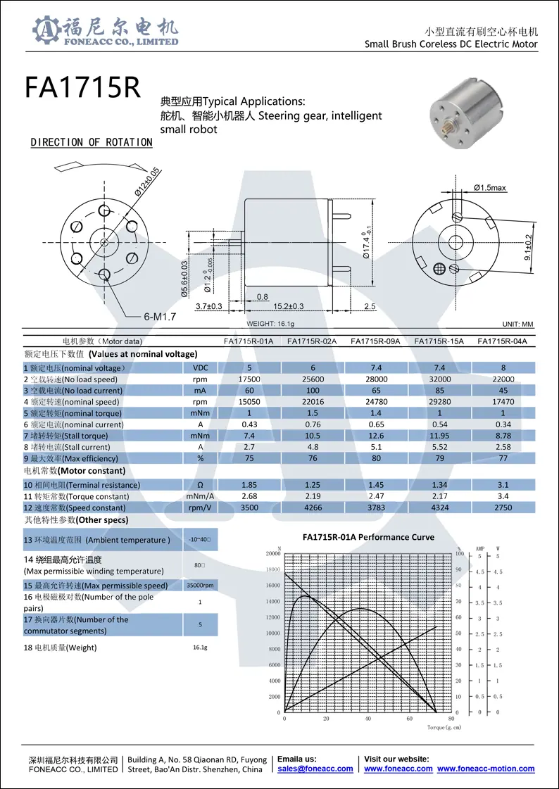 1715r micro coreless brush dc electric motor