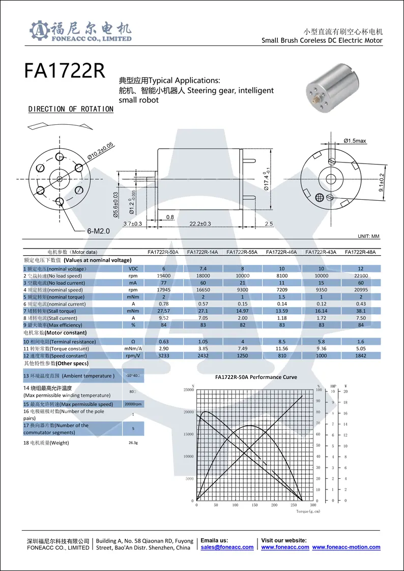 1722r micro coreless brush dc electric motor