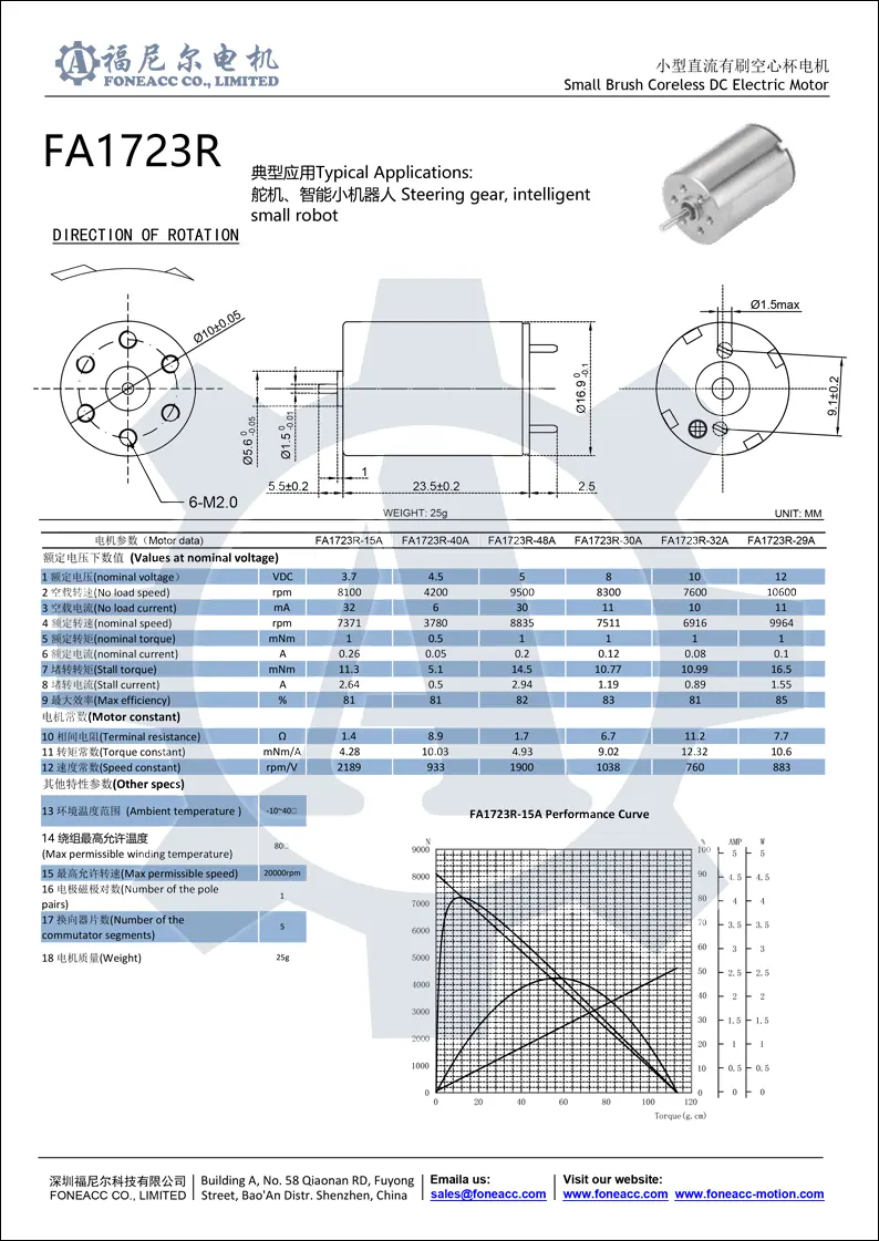 1723r micro coreless brush dc electric motor