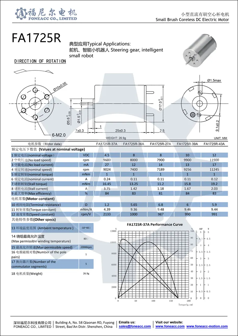 1725r micro coreless brush dc electric motor
