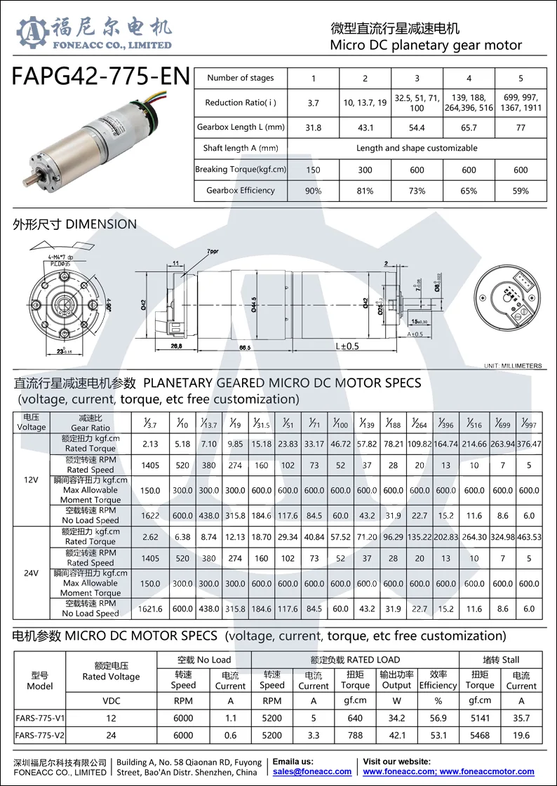 PG42-775-EN planetary gearbox dc electric motor with encoder