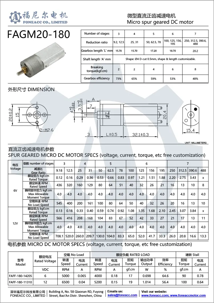 gm20-180 small spur geared brush dc electric motor datasheet